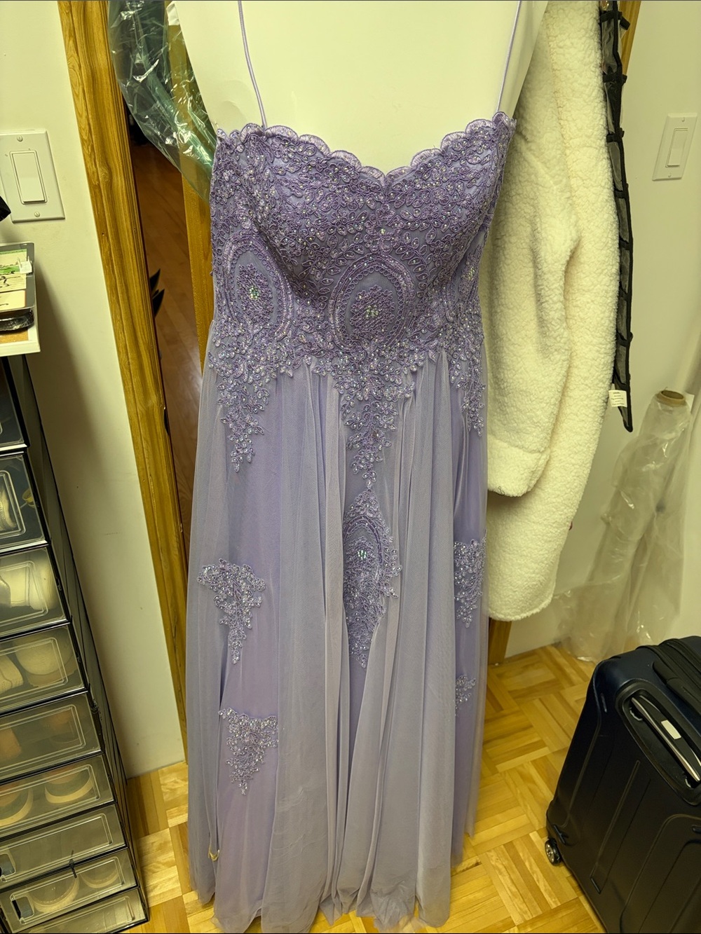 Lavender Beaded Lace Prom Dress with Spaghetti Straps